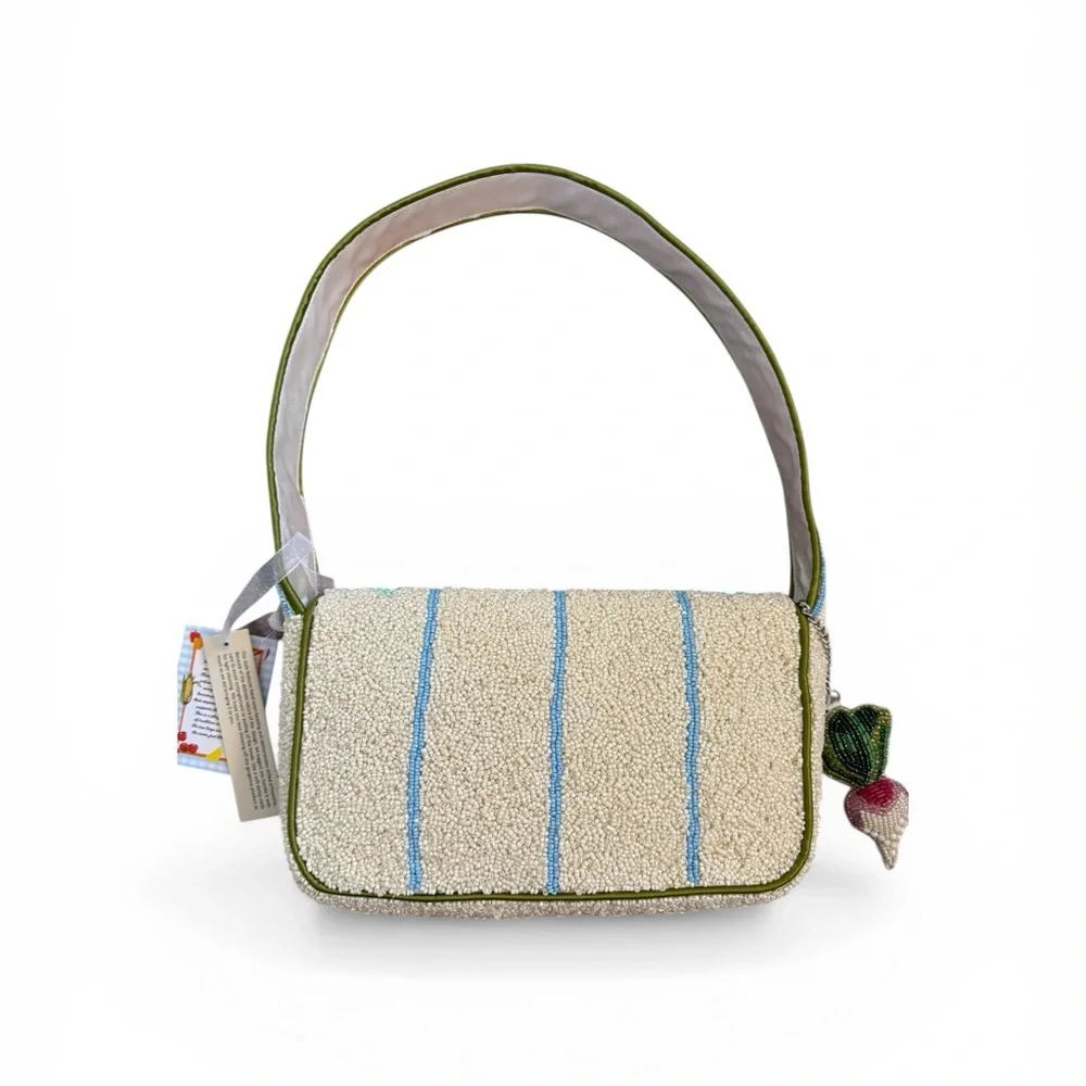 Hand-Beaded Vegetable Motif Shoulder Bag - Cream & Green - Picture 2 of 3